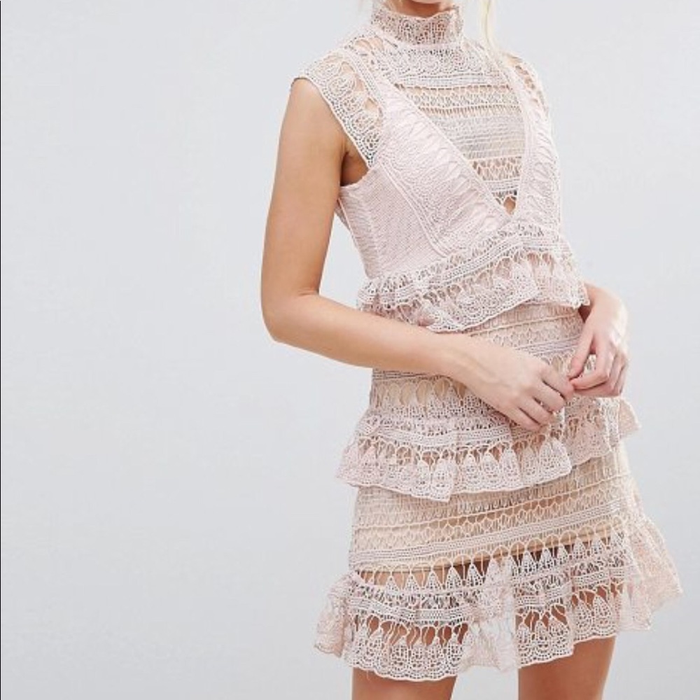 Nasty Girl Crotchet High Neck Tiered Dress, Pink